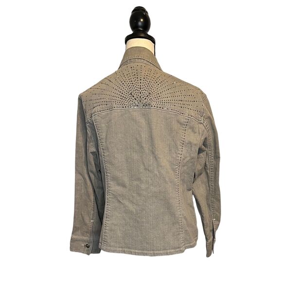 Chicos Platinum Grey Jewel Denim Jacket Studs Grey Size 2 Long Sleeve Coat Gray - Picture 4 of 6